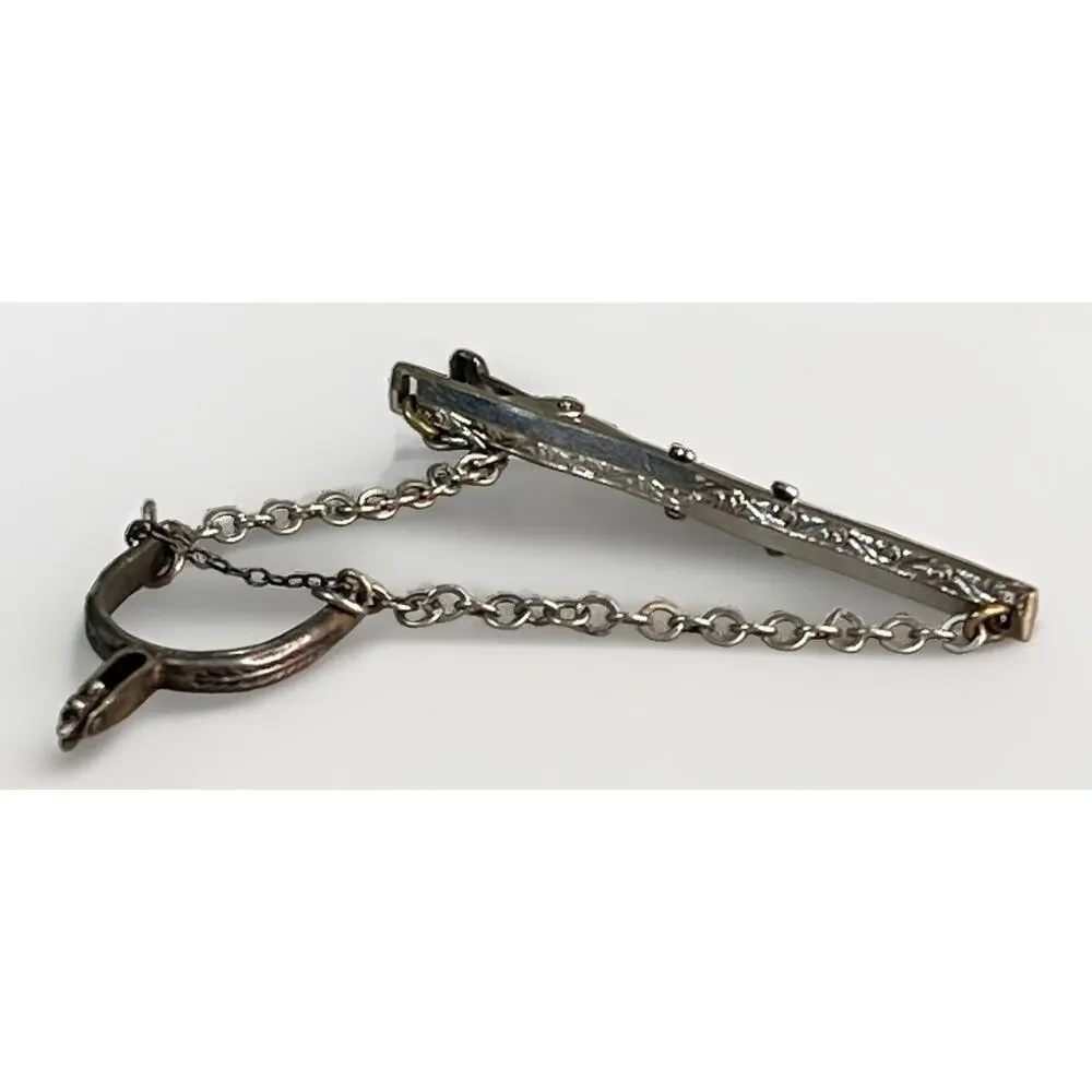 Vintage Sterling Silver Boot Spur Tie Clip Chain Silver Tone Western Cowboy 3”